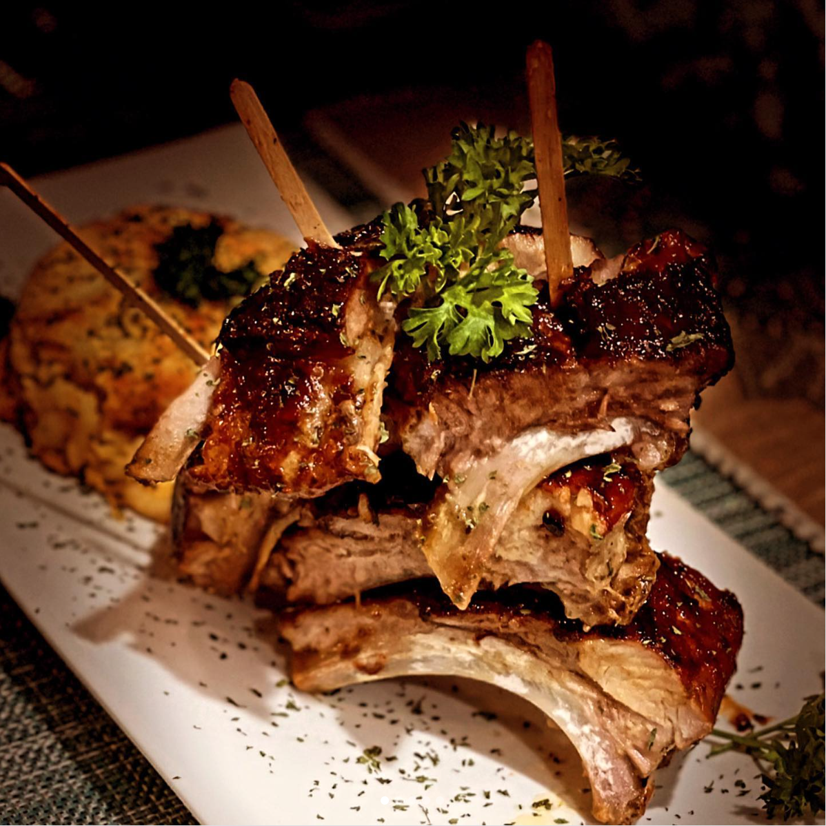 Leaning Tower of Ribs with Mac and Cheese